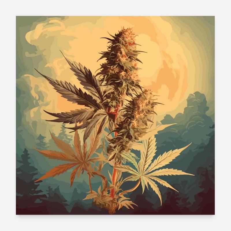 Coucher de soleil avec fleur de cannabis - Poster 60 x 60 cm - blanc