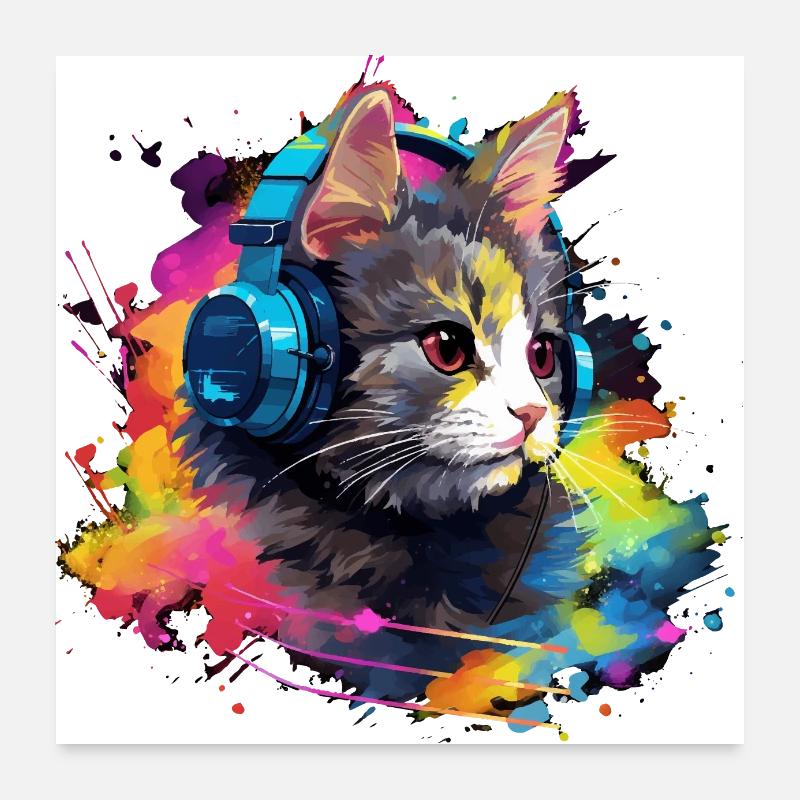 Katzen Design coole Katze mit Kopfhörer Vintage Poster 60x60 cm