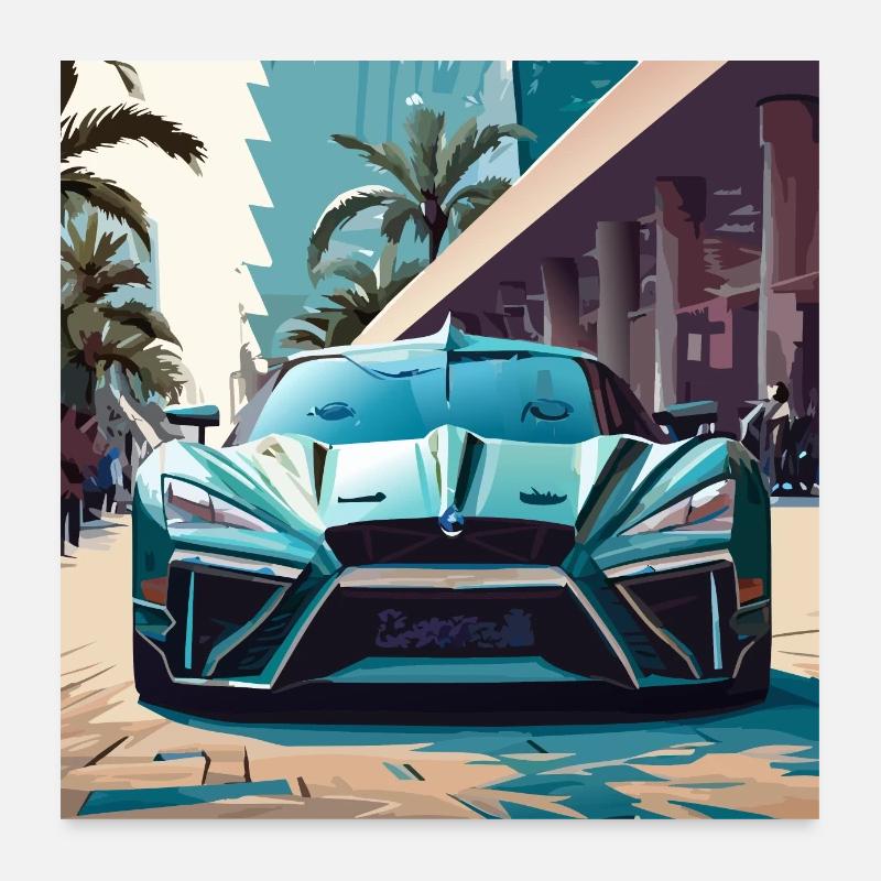 Voiture spatiale bleue à Miami (Miami Collection) - Poster 60 x 60 cm - blanc