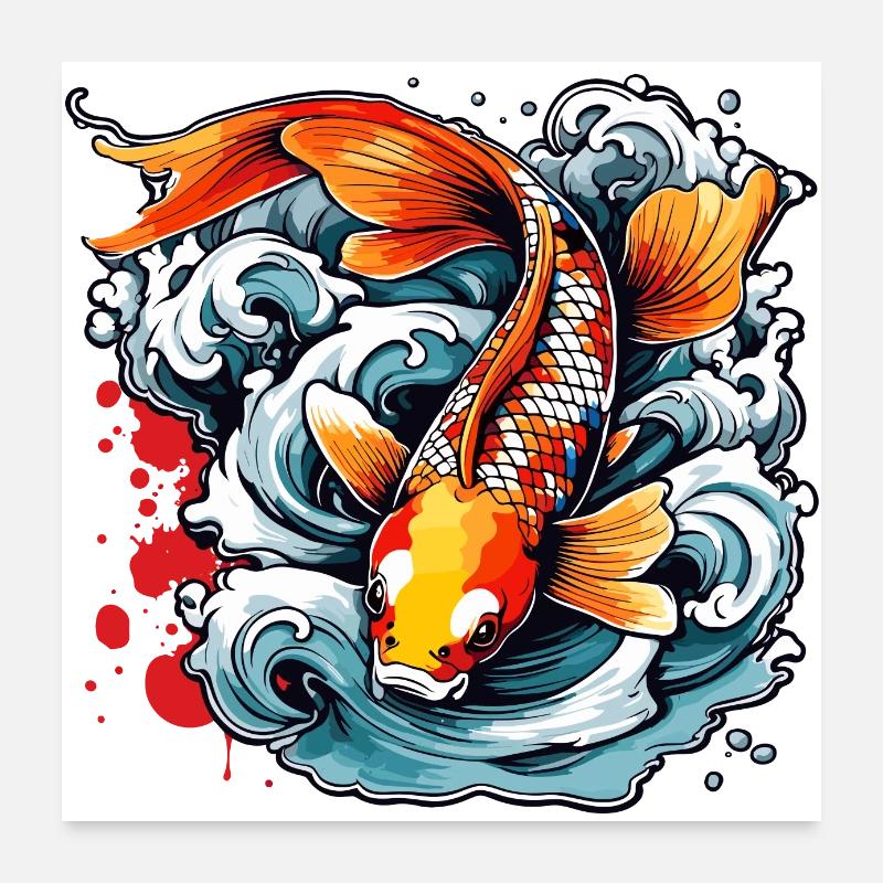 Koi Carpe / Poisson / Japonais / Étang / Eau - Poster 60 x 60 cm - blanc