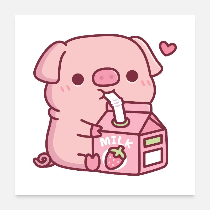 Süßes kleines Schweinchen liebt Erdbeermilch Poster 60x60 cm