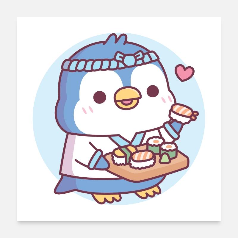 Mignon pingouin bleu Sushi Chef Poster 60 x 60 cm