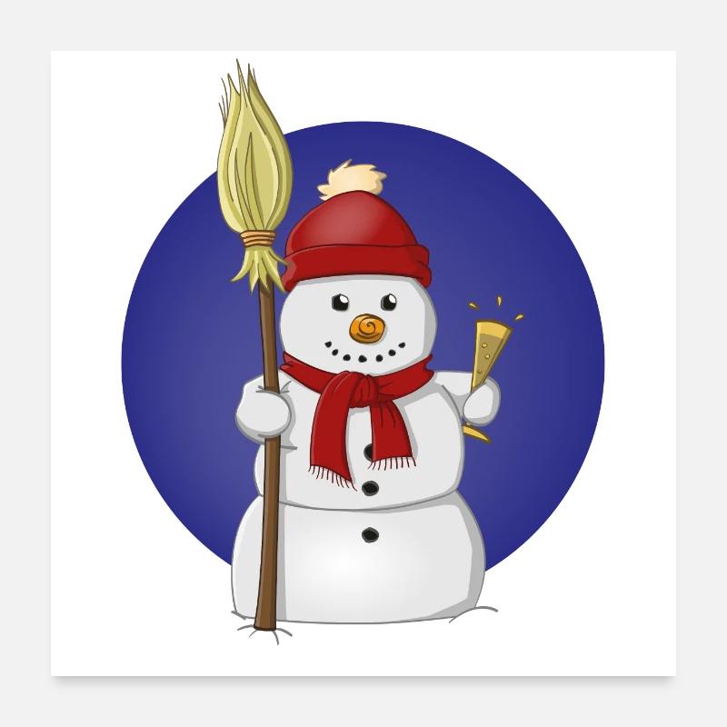 Cheerful drawing of a snowman with red hat Poster 24" x 24" (60x60 cm)