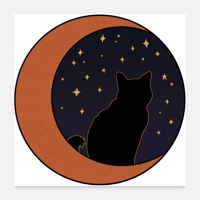 Chat noir et croissant de lune en or rose Poster 60 x 60 cm