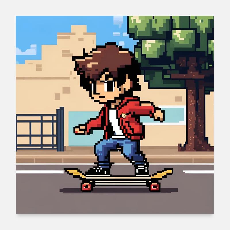 Ein junger Mensch fährt Skateboard in Pixelkunst Poster 60x60 cm