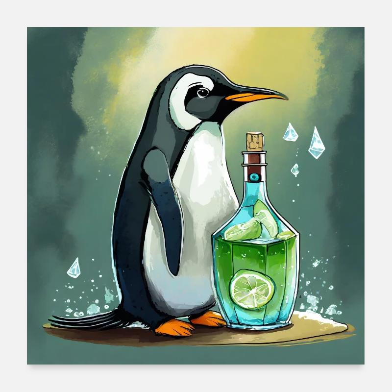 penguin with a Gin and Tonic bottle Poster 24" x 24" (60x60 cm)
