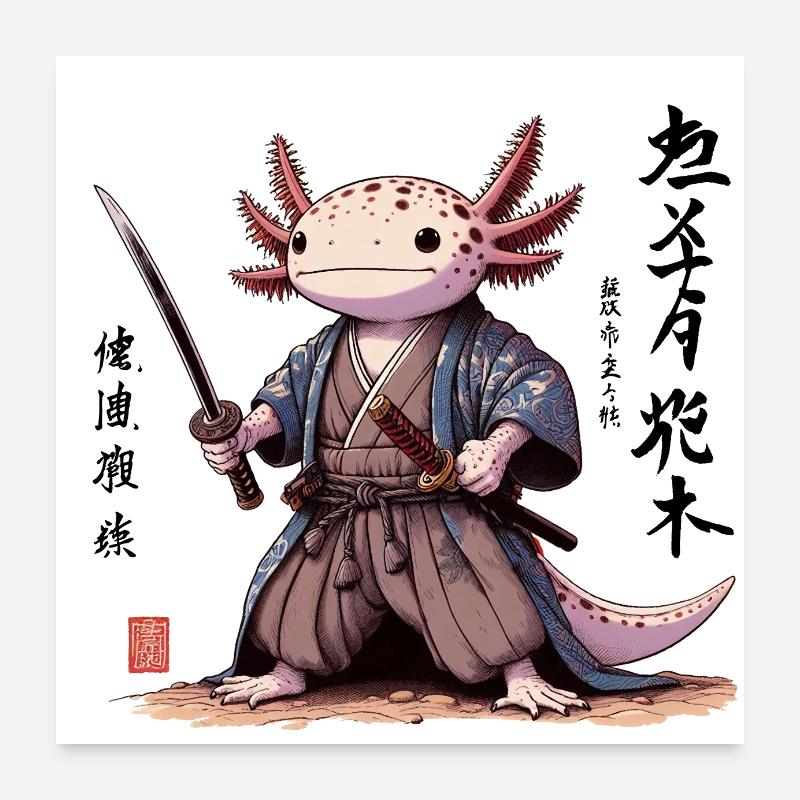 Axolotl samouraï style Art japonais Poster 60 x 60 cm