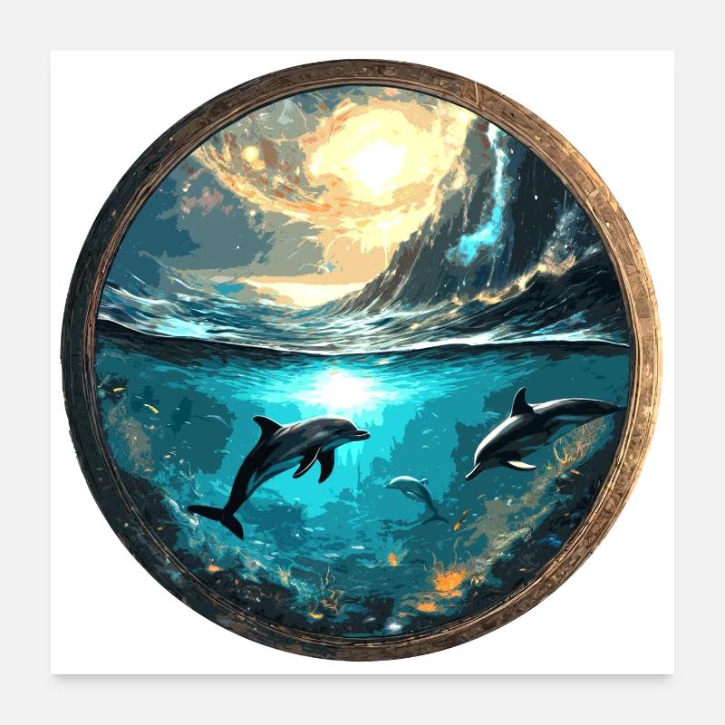 Dauphin, Or, Eau, Mer, Cercle, Épique, Réflexion Poster 60 x 60 cm