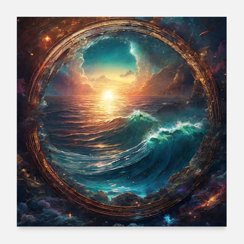 Sea,Water,Sunset,Circle,Gold Poster 24" x 24" (60x60 cm)