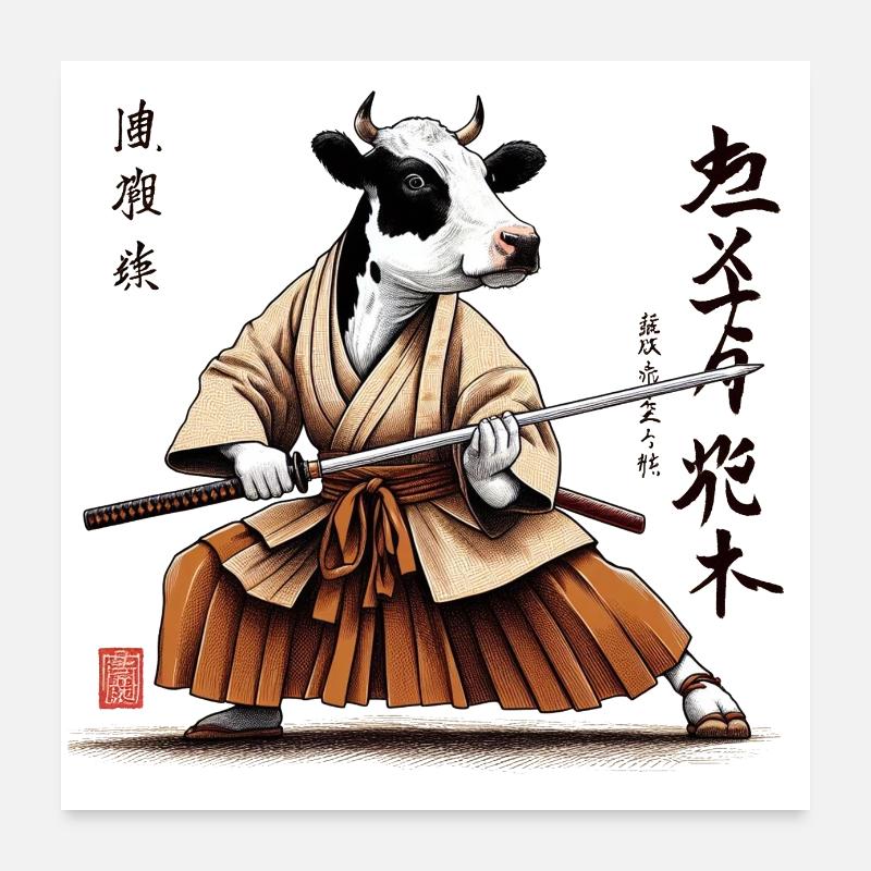 Fribourg Cow Samurai Retro Japanese Drawing Poster 24" x 24" (60x60 cm)