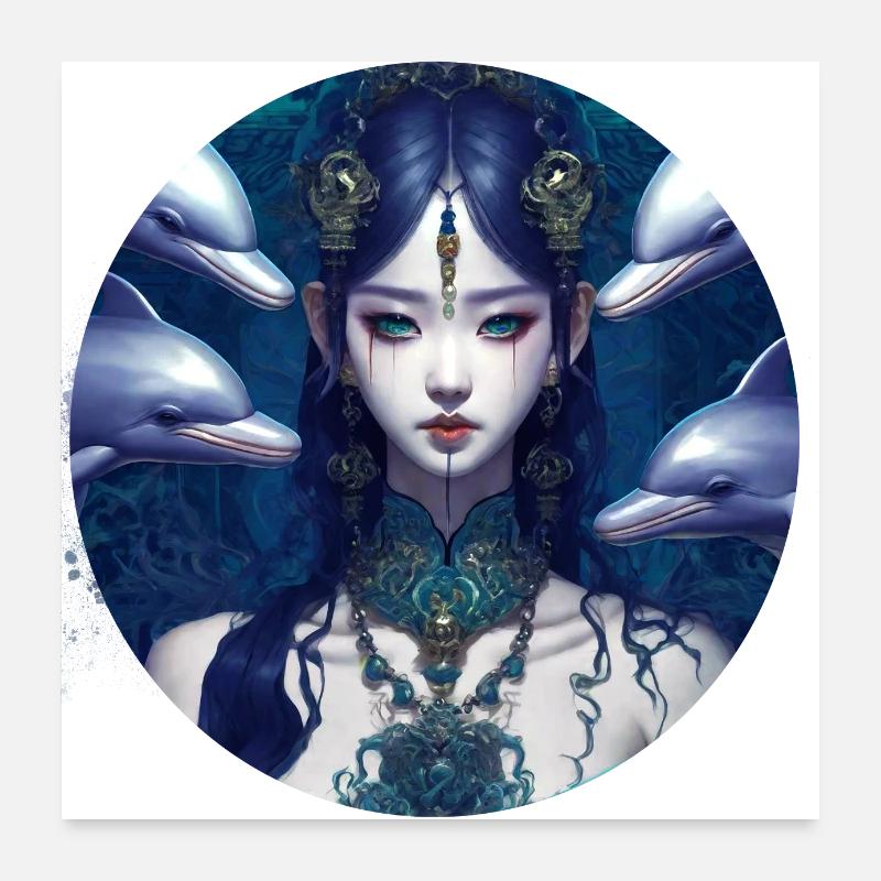 Asian,Gothic,Dolphins,Green Eyes,Anime Poster 24" x 24" (60x60 cm)