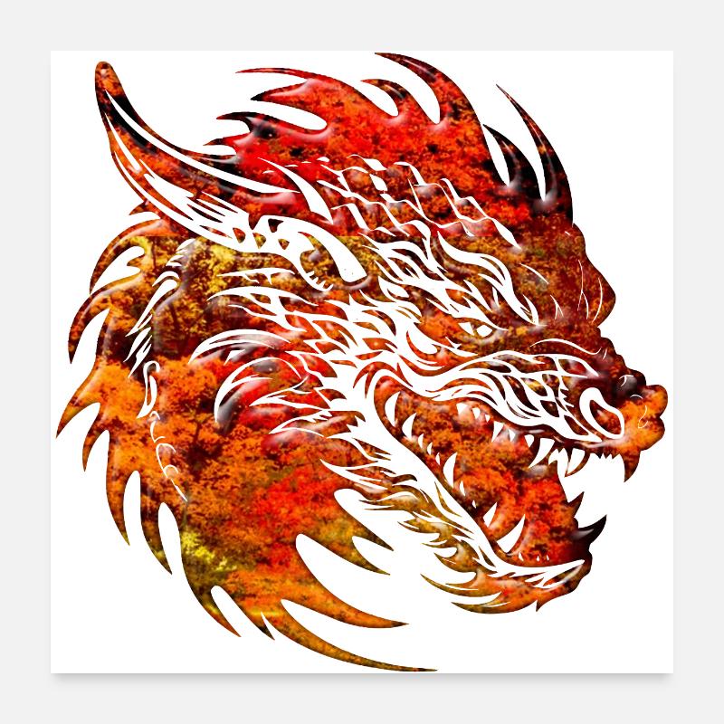 Fantasy Drache Anime Drachenkopf Mythisches Reptil Poster 60x60 cm