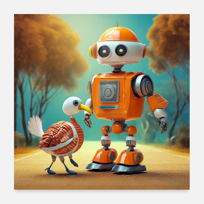mignon petit robot se promène avec sa dinde extraterrestre Poster 60 x 60 cm