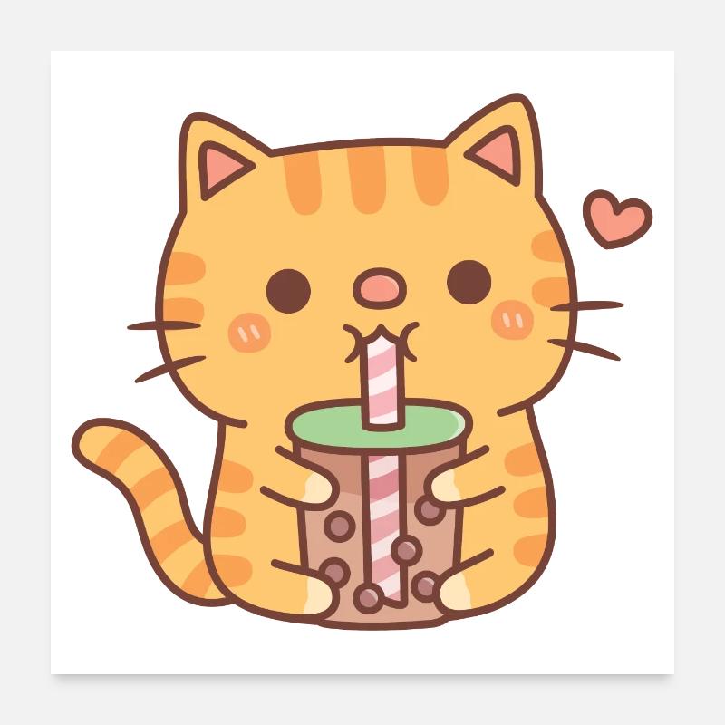 Cute Orange Tabby Cat Loves Drinking Bubble Tea Poster 24" x 24" (60x60 cm)