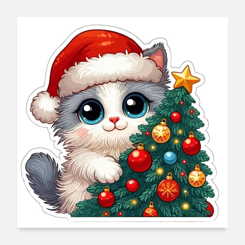 Cute Christmas Kitten & Decorated Tree Art Poster 24" x 24" (60x60 cm)