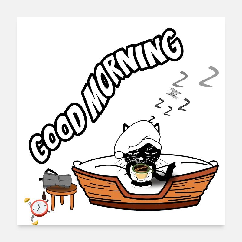 Chat endormi Good Morning, réveil café - Poster 60 x 60 cm - blanc
