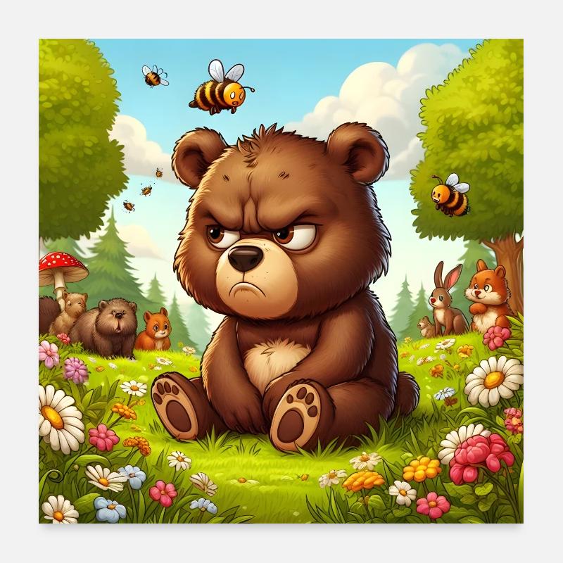 Sinistre petit ours mignon dans la prairie Poster 60 x 60 cm