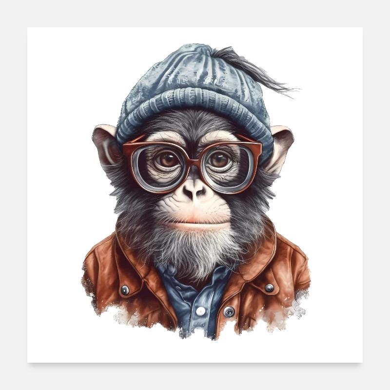 Cooler Affe mit Mütze und Brille Poster 60x60 cm