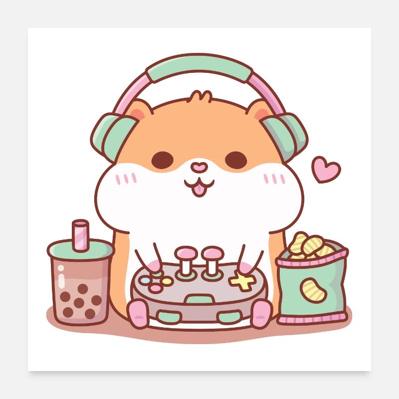Cute Chubby Hamster Gamer Playing Video Games Poster 24" x 24" (60x60 cm)