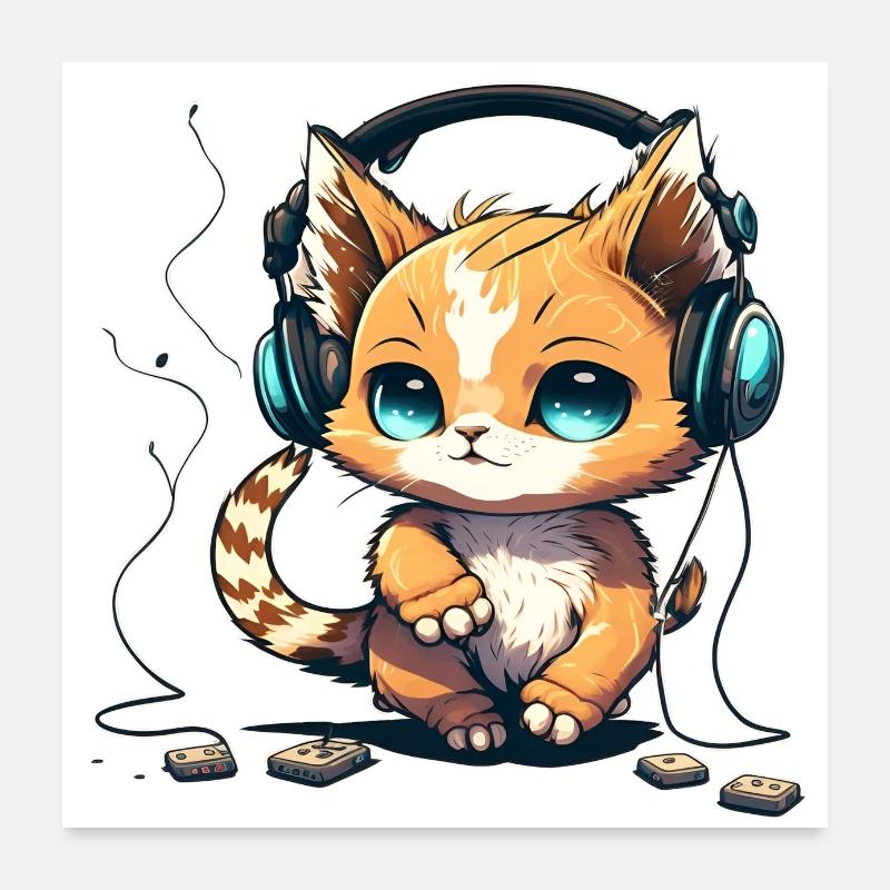 Katze mit Kopfhörern Poster 60x60 cm