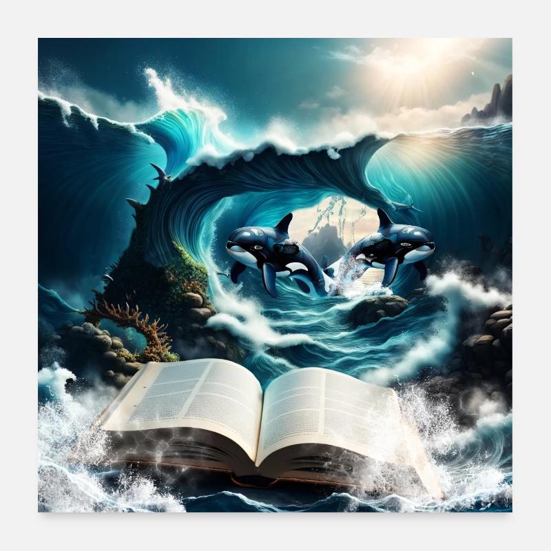 Un épaulard steampunk nageant dans la vague. Poster 60 x 60 cm