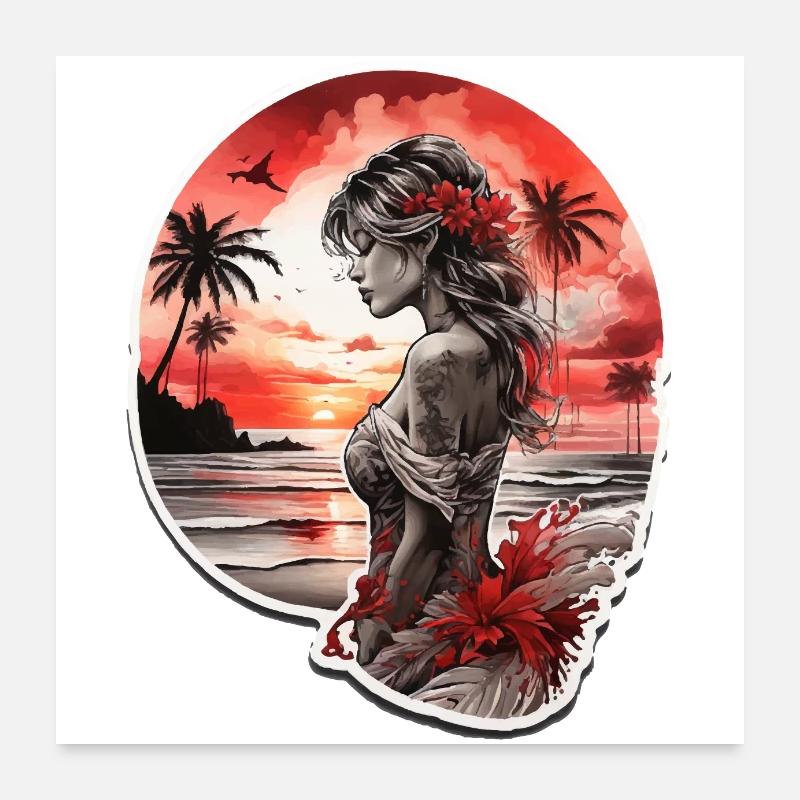 Femme sur la plage regardant le coucher de soleil rouge Poster 60 x 60 cm