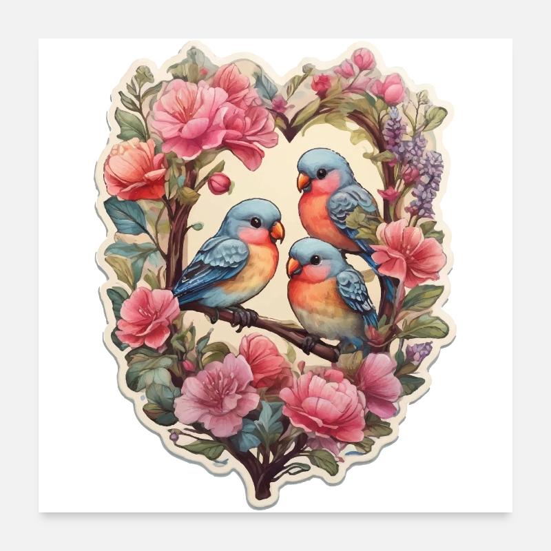 Two lovebirds sit on a heart-shaped ace Poster 24" x 24" (60x60 cm)