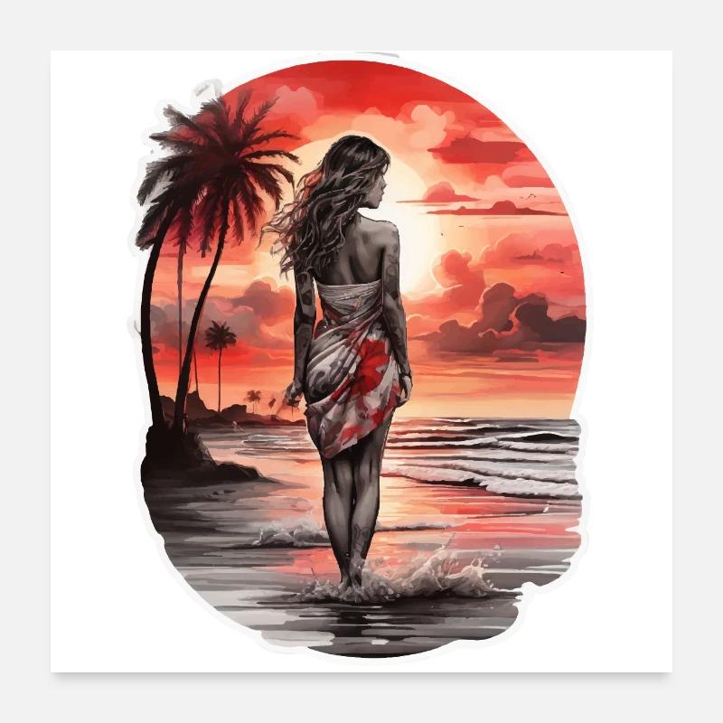 Frau am Strand mit Blick auf den roten Sonnenunter Poster 60x60 cm