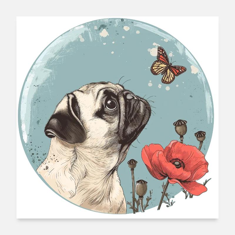 Pug with butterfly Poster 24" x 24" (60x60 cm)
