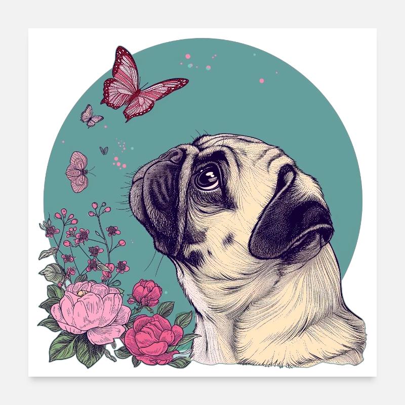 Mops und Schmetterling Poster 60x60 cm