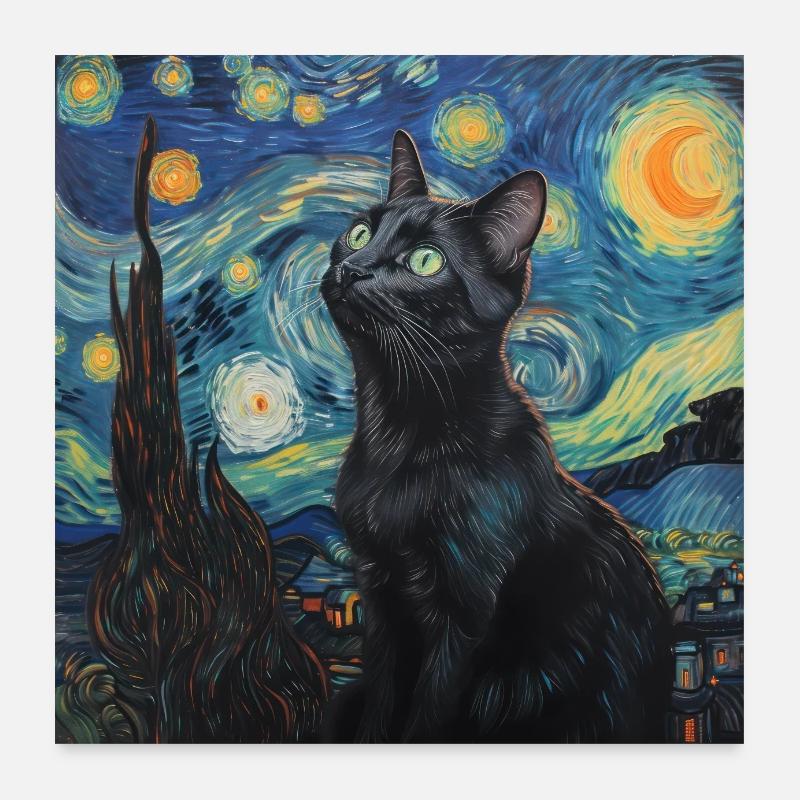 schwarze katze, katze, tier, van gogh, sternenacht - Poster 60x60 cm - Weiß
