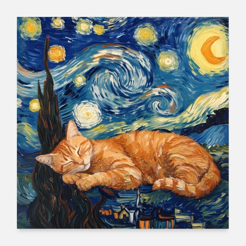 katze, tier, van gogh, sternenacht Poster 60x60 cm
