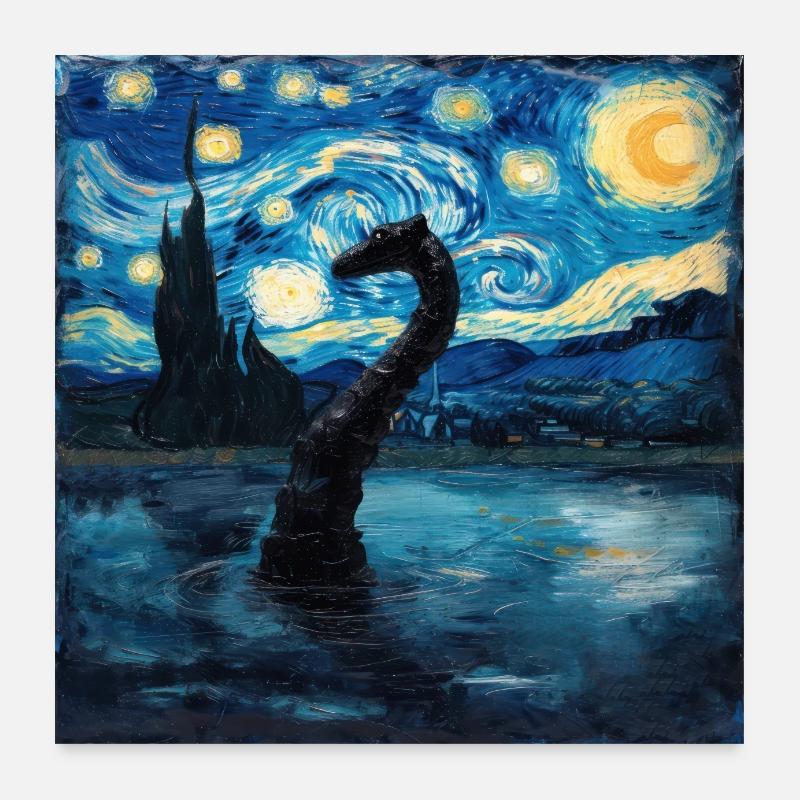 Loch Ness Monster, Nessie, Van Gogh, Starry Night Poster 24" x 24" (60x60 cm)