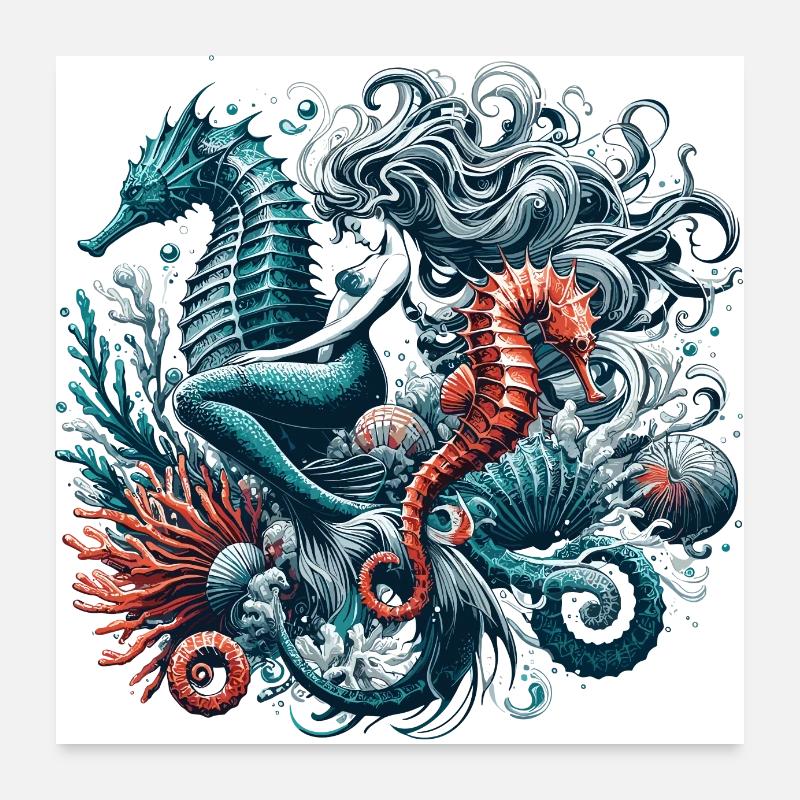 Meerjungfrau Nixe Seepferdchen Geschenk - Poster 60x60 cm - Weiß