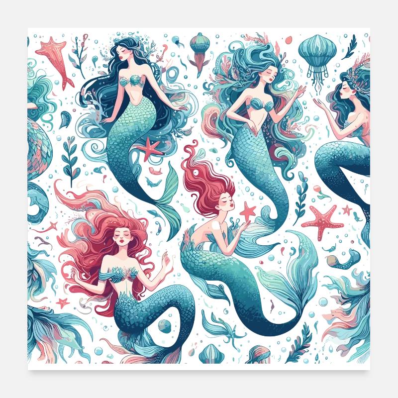 Meerjungfrau Nixe Wasserfrau Muster Geschenk - Poster 60x60 cm - Weiß