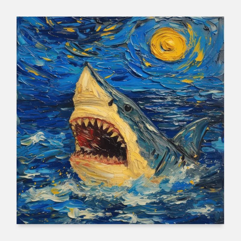Requin, Requin, Poisson, Van Gogh, Nuit étoilée Poster 60 x 60 cm