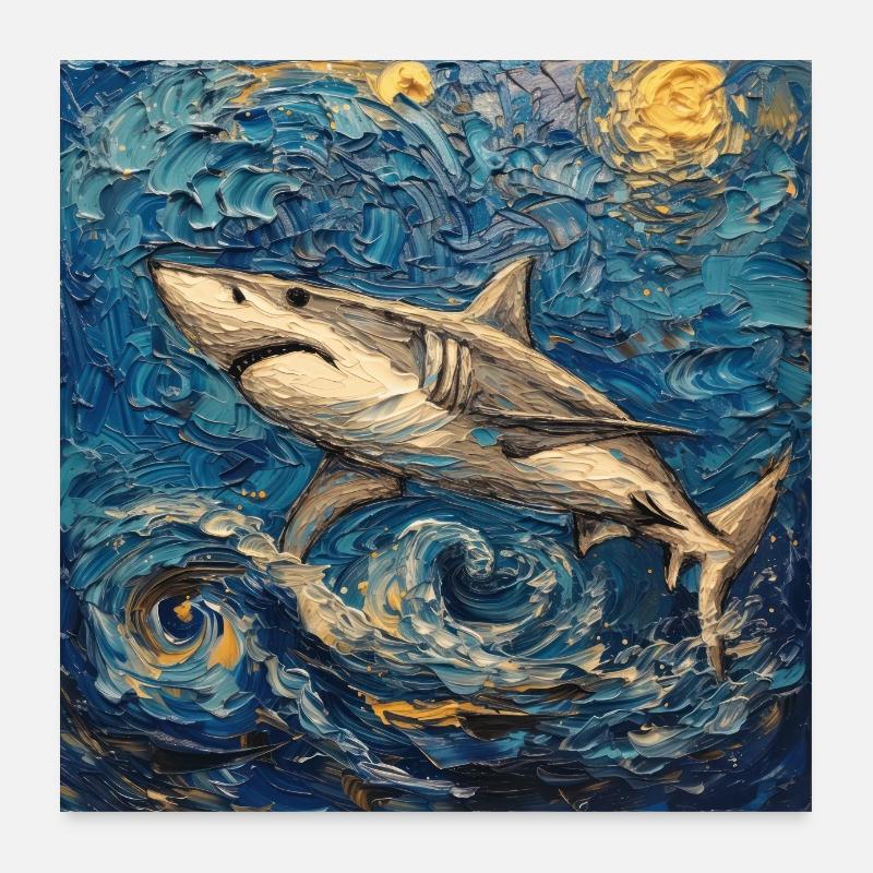 Requin, Requin, Poisson, Van Gogh, Nuit étoilée Poster 60 x 60 cm