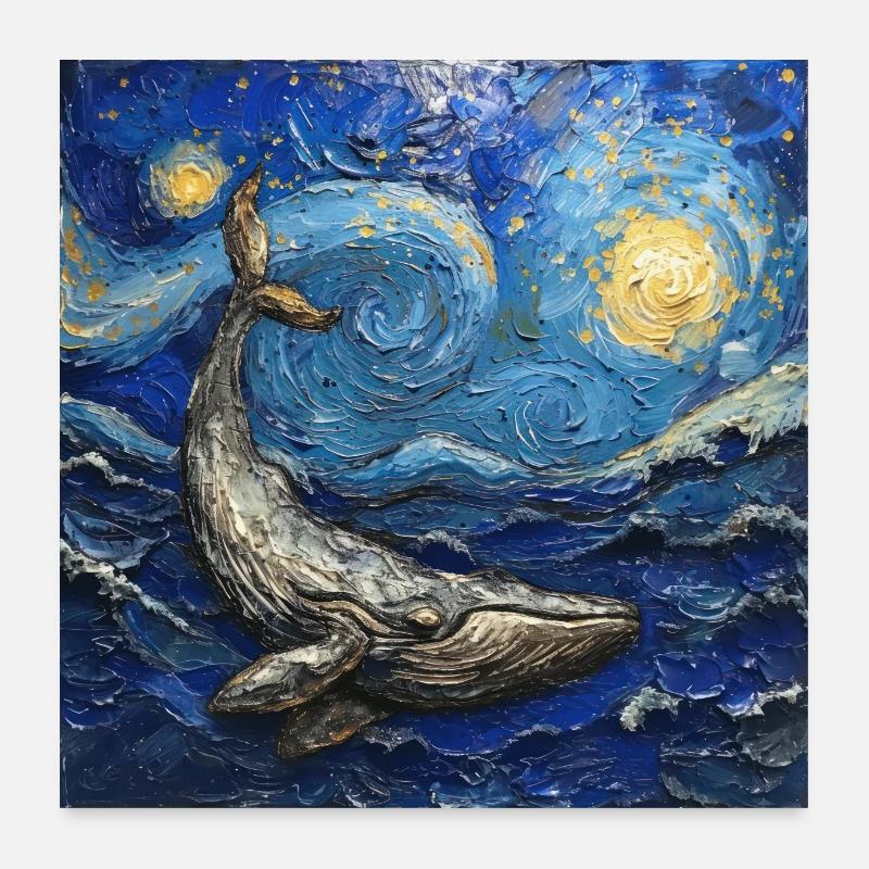 Whales, Fish, Ocean, Van Gogh, Starry Night Poster 24" x 24" (60x60 cm)
