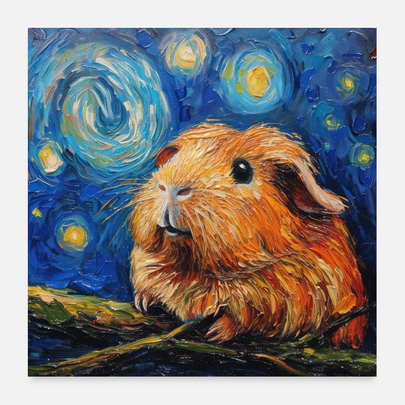 Cochon d’Inde, Animal, Van Gogh, Nuit étoilée - Poster 60 x 60 cm - blanc