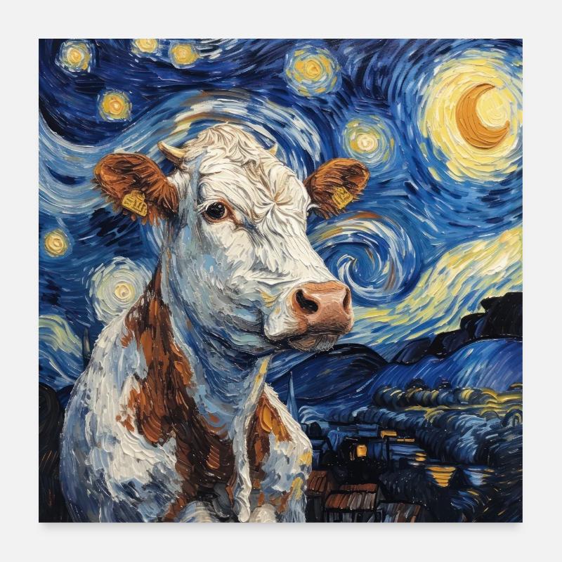 Vache, Vaches, Van Gogh, Nuit étoilée Poster 60 x 60 cm