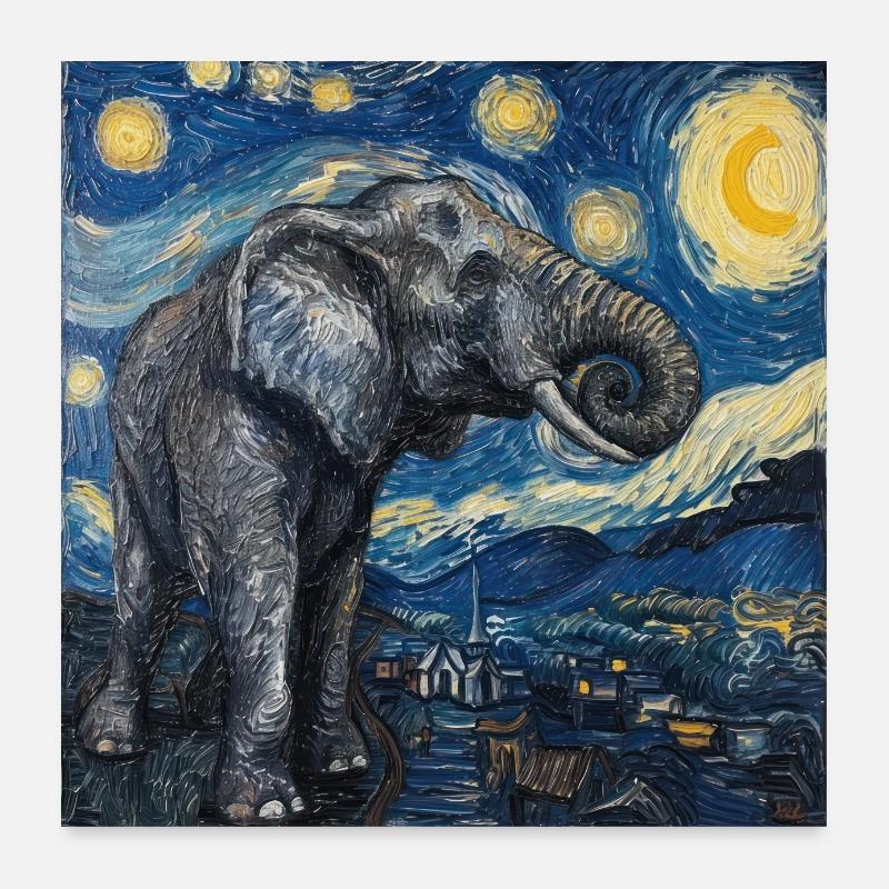 elefant, van gogh, sternennacht - Poster 60x60 cm - Weiß