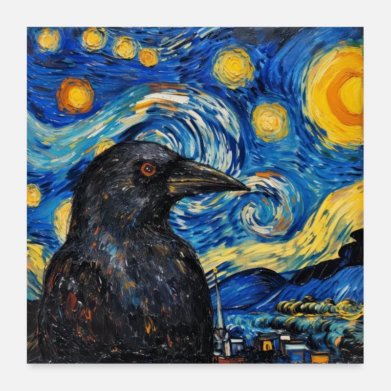 Corbeau, Oiseau, Van Gogh, Nuit étoilée Poster 60 x 60 cm