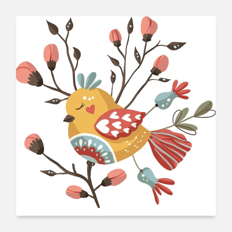 Ein Vogel auf einem Blumenzweig Poster 60x60 cm