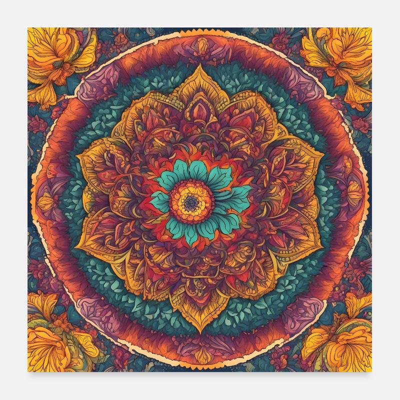 farbenfrohes psychedelisches Poster mit Blumenmandala - Poster 60x60 cm - Weiß