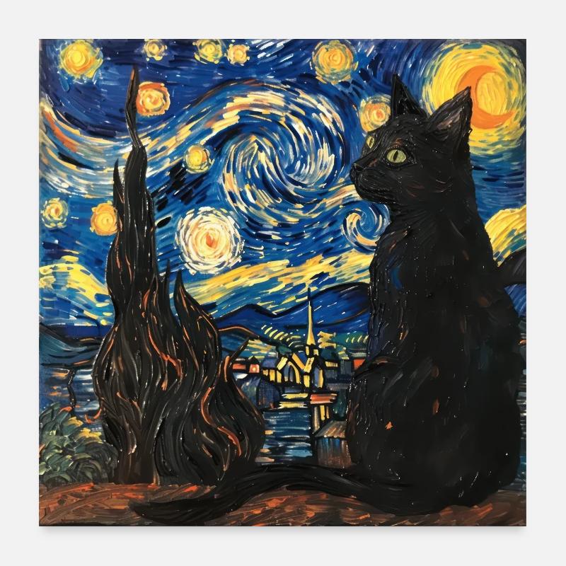 Chat Noir, Chat, Animal, Van Gogh, Nuit Étoilée Poster 60 x 60 cm
