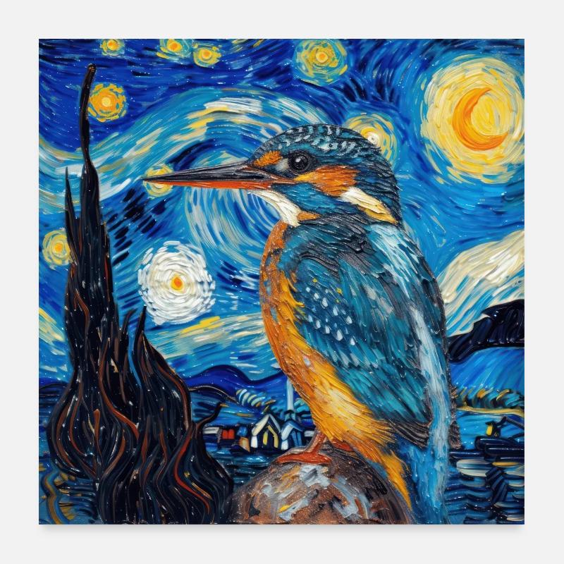 eisvogel, vogel, tier, van gogh, sternenacht - Poster 60x60 cm - Weiß