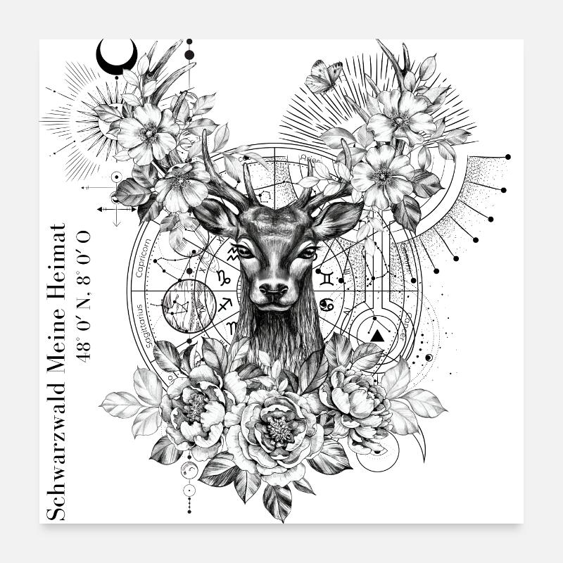 Cooles Schwarzwald-Hirsch-Astrologie Motiv - Poster 60x60 cm - Weiß
