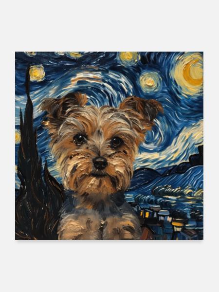 Yorkshire terrier, hund, Van Gogh, Sternennacht - Poster 60x60 cm - Weiß - Vorne