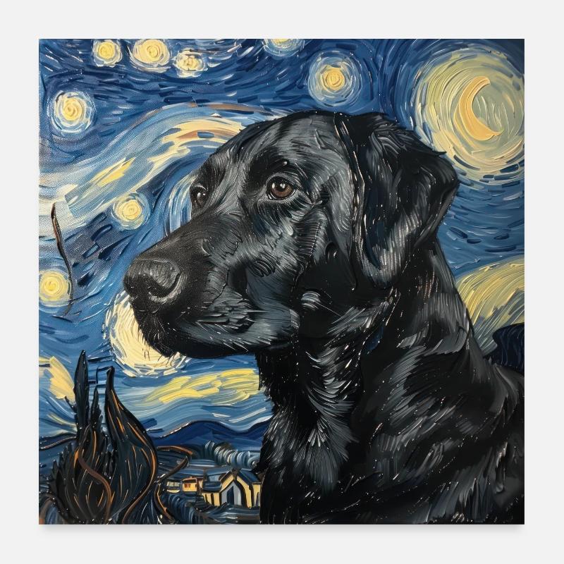 Labrador, retriever, chien, van gogh, nuit étoilée Poster 60 x 60 cm