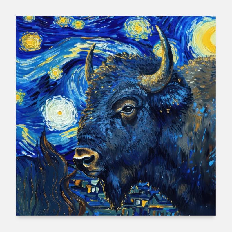 Bison, buffle, Van Gogh, nuit étoilée Poster 60 x 60 cm